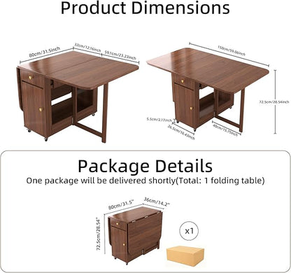 Small Folding Dining Table - 59" Fully Assembled Drop Leaf Table 4-6 Seater with Storage and Lockable Wheels, Space-Saving for Kitchen or Dining Room (Walnut)
