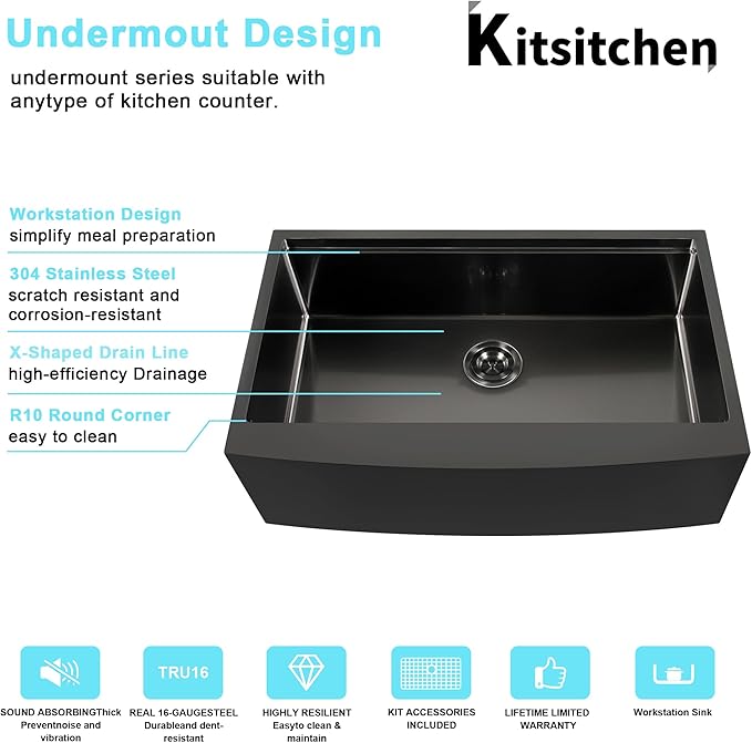 Kitsitchen 33 Inch Black Farm Sink, 16 Gauge T-304S Stainless Steel Single Bowl Farmhouse Kitchen Sinks, 33" x 20" x 10" Large and Deep Apron Front Workstation Sink with Accessories