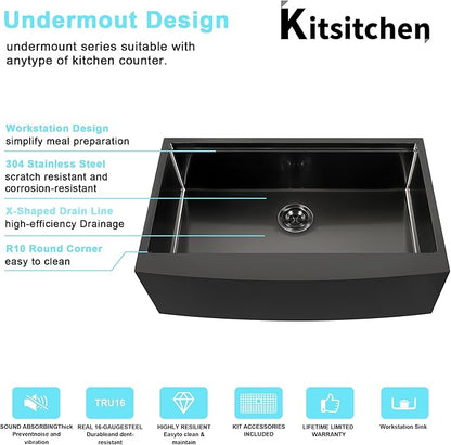 Kitsitchen 33 Inch Black Farm Sink, 16 Gauge T-304S Stainless Steel Single Bowl Farmhouse Kitchen Sinks, 33" x 20" x 10" Large and Deep Apron Front Workstation Sink with Accessories