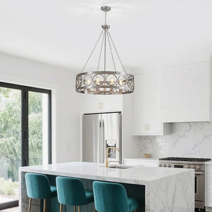 XINGQI Large Drum Chandelier 32.3" Brushed Nickel Chandeliers for Dining Room, Modern 8-Light Round Pendant Lighting Fixture for Living Room Office Kitchen Island