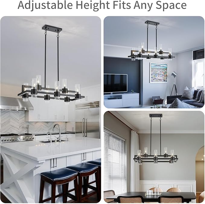 WUZUPS Island Rectangle Chandelier 8-Light with Clear Glass Industrial Modern Farmhouse Linear Light Fixture for Dining Room Kithen Island, Width 33.5" Height 12.6", Black