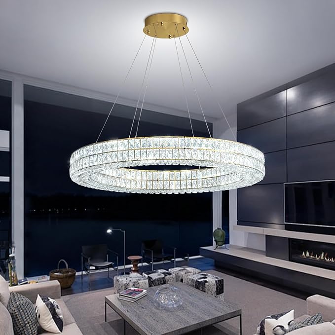 Led 32in Gold Ring Chandelier, Modern Crystal Chandelier Lighting Hanging Ring Adjustable,Round Crystal Ceiling Light Fixture for Living Room Dining Room Bedroom