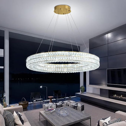 Led 32in Gold Ring Chandelier, Modern Crystal Chandelier Lighting Hanging Ring Adjustable,Round Crystal Ceiling Light Fixture for Living Room Dining Room Bedroom