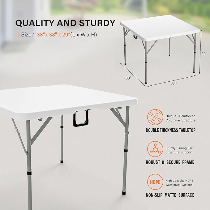 VINGLI 38" Fold in Half Square Table, Bi-Folding Commercial Portable Plastic Dining Table for Kitchen Outdoor Party Wedding Event, White
