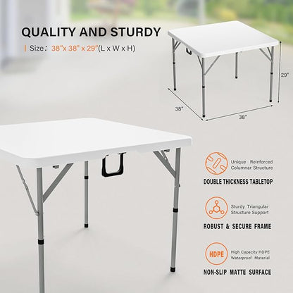 VINGLI 38" Fold in Half Square Table, Bi-Folding Commercial Portable Plastic Dining Table for Kitchen Outdoor Party Wedding Event, White