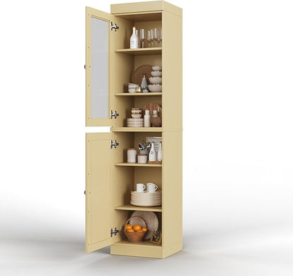 Palace Imports Solid Wood Kitchen Pantry - Narrow Storage Cabinet - 16.5" Wide x 71.5" Tall - 1 Raised Panel & 1 Glass Door, Adjustable Shelves, Yellow, 100% Eco-Friendly Wood, Modular Cabinets