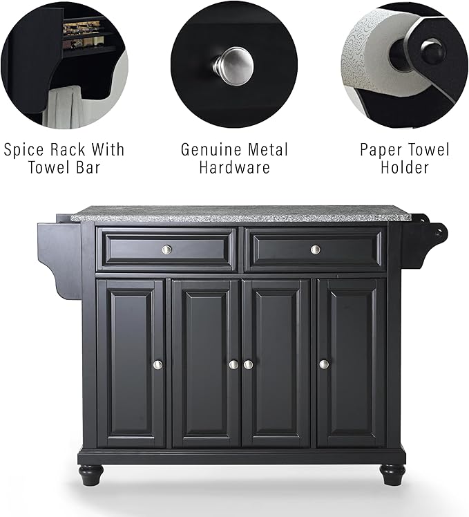 Crosley Furniture Cambridge Granite Top Rolling Kitchen Island Storage Cart, Microwave Stand, Spice Rack, Black