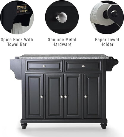Crosley Furniture Cambridge Granite Top Rolling Kitchen Island Storage Cart, Microwave Stand, Spice Rack, Black
