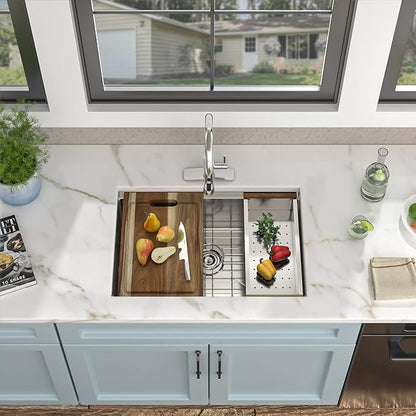 30"x18" Undermount Kitchen Sink - 16 Gauge 304 Stainless Steel, Ledge Workstation Under Counter Round Corners Single Bowl Sink Basin