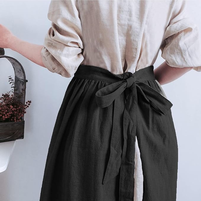 Cityelf Cotton Linen Half Apron for Women Vintage Waist Apron Ruffle Plain Bright Color for Cooking Painting Artwork