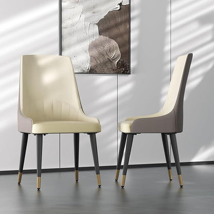 Dining Chairs Set of 2: Faux Leather Upholstered Modern Chair with Backrest - Armless Accent Chairs with Metal Legs for Kitchen Living Room Bedroom (Creamy White+Grey)