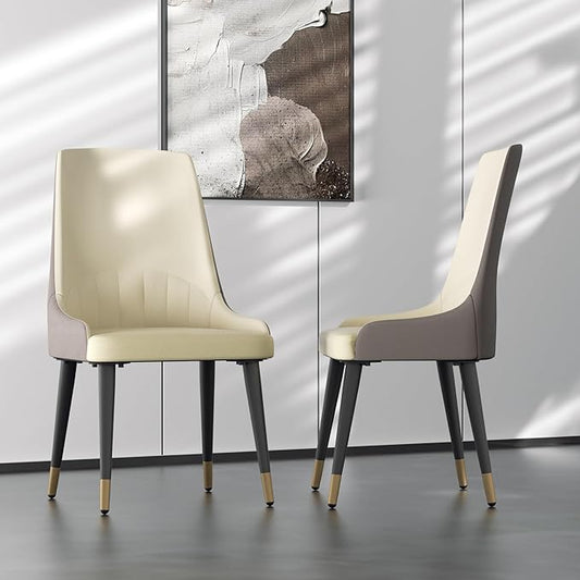 Dining Chairs Set of 2: Faux Leather Upholstered Modern Chair with Backrest - Armless Accent Chairs with Metal Legs for Kitchen Living Room Bedroom (Creamy White+Grey)