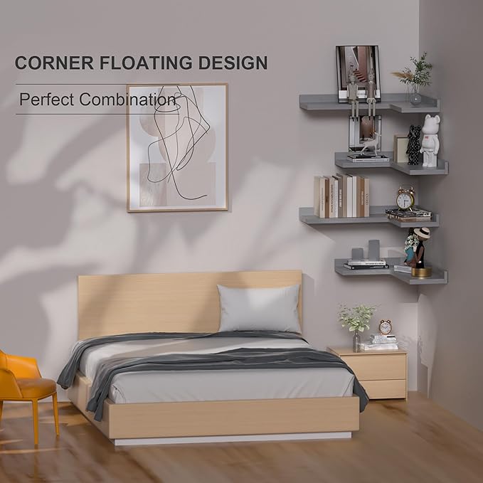 Rustic Pine Wood Corner Shelves Set of 4, L-Shaped Wall Mounted Shelf for Multi-Room Storage and Decor - Grey