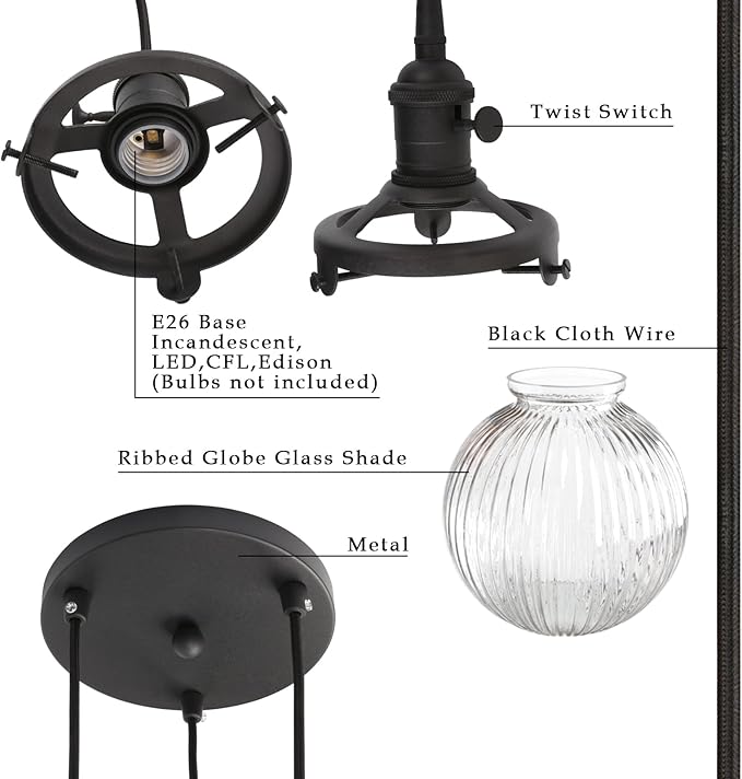 Phansthy Kitchen Island Lighting, 3 Lights Linear Chandeliers, Hanging Light with 5.9" Globe Striped Glass Shade, 3-Light Pendant Light Fixtures for Dining Room Farmhouse (Black, Round Base)