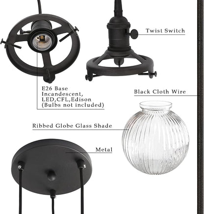 Phansthy Kitchen Island Lighting, 3 Lights Linear Chandeliers, Hanging Light with 5.9" Globe Striped Glass Shade, 3-Light Pendant Light Fixtures for Dining Room Farmhouse (Black, Round Base)