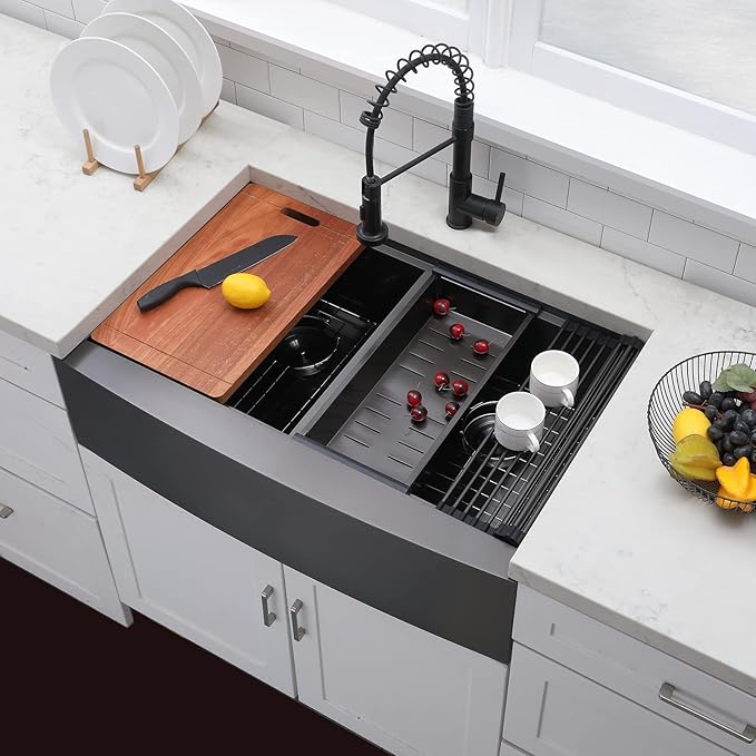 VCCUCINE 33 Inch Gunmetal Black Double Farmhouse Sink, 33X22 Double Bowl Farmhouse Kitchen Sink, 16 Gauge 50/50 Stainless Steel Apron Front Farm Sink, Drop In Workstation Farmer Sink With Accessories