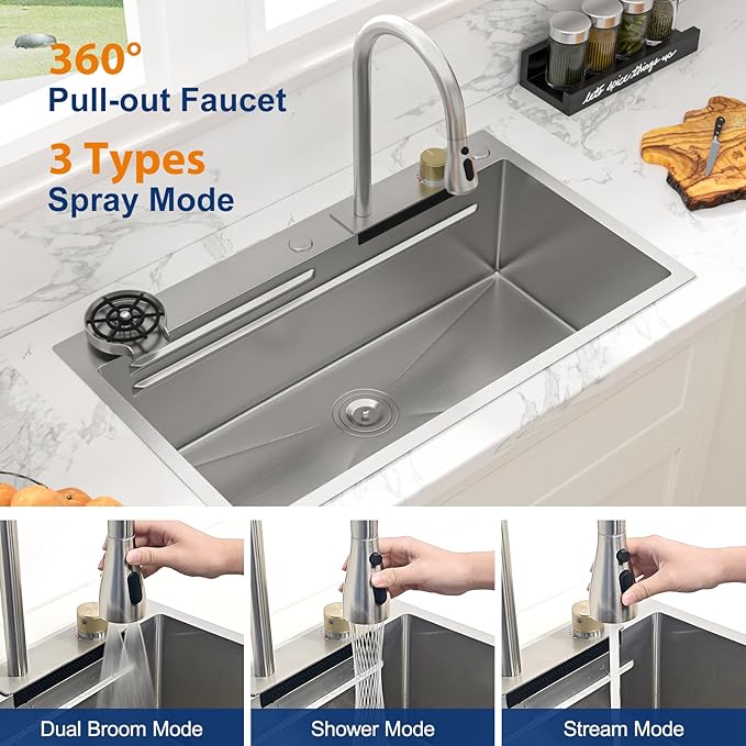 Sarlai Waterfall Kitchen Sink - 30 Inch Drop In Waterfall Workstation Kitchen Sink Stainless Steel 16 Gauge Topmount Single Bowl Multifunctional Top Mount Sinks with Faucet Combo 30x19x9
