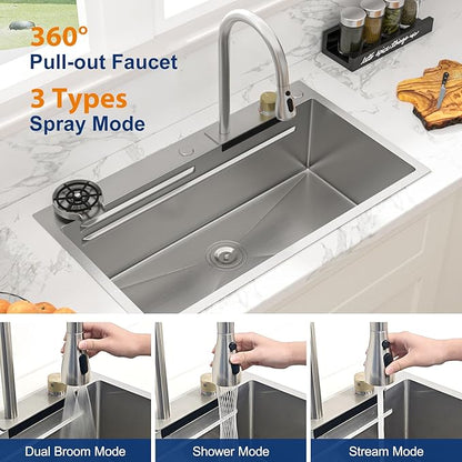 Sarlai Waterfall Kitchen Sink - 30 Inch Drop In Waterfall Workstation Kitchen Sink Stainless Steel 16 Gauge Topmount Single Bowl Multifunctional Top Mount Sinks with Faucet Combo 30x19x9