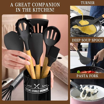 Umite Chef Kitchen Cooking Utensils Set, 33 pcs Non-Stick Silicone Cooking Kitchen Spatula Set with Holder, Wooden Handle Silicone Kitchen Gadgets Utensil Set (Black)