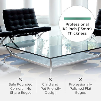 Tempered Glass Table Top Rectangle - 1/2 Inch Thick Heavy Duty for Dining Coffee Tables Desks - Flat Polish Edge Safe Corners Custom Cut - 20" X 30"