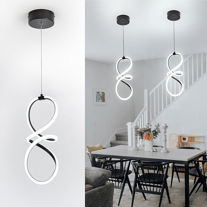 MAYNA Spiral Led Pendant Light Fixture,Modern Led Chandelier, 6000K Adjustable Height Hanging Light Fixture for Kitchen Living Room Bedroom Cafe Table, 1 Pack (Black)