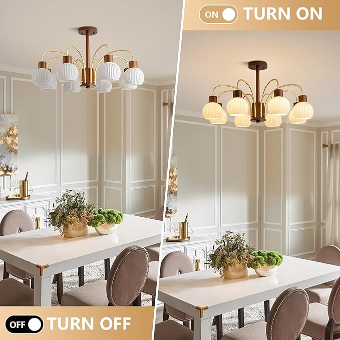 KCO Lighting Rustic Wood Sputnik Ceiling Light Fixture Ribbed Milk Glass Pendant Lights Kitchen Island 8 Lights Vintage Farmhouse Chandelier Lighting Modern White Gold Globe Chandelier