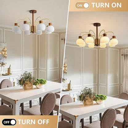 KCO Lighting Rustic Wood Sputnik Ceiling Light Fixture Ribbed Milk Glass Pendant Lights Kitchen Island 8 Lights Vintage Farmhouse Chandelier Lighting Modern White Gold Globe Chandelier
