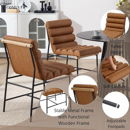 Modern Upholstered Dining Chairs Set of 4, Brown PU Leather Dining Room Chairs with Tufted Back & Cushion, Comfy Armless Kitchen Chairs with Black Metal Legs for Dinner Living Room