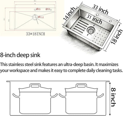 Kitchen Sink, 304 Stainless Steel Sink, Single Bowl, Drop In Kitchen Sink with Complete Accessories, Perfect for Homes, Apartments, and Modern Kitchens in All Settings(Stainless Steel, 33 * 18 in)