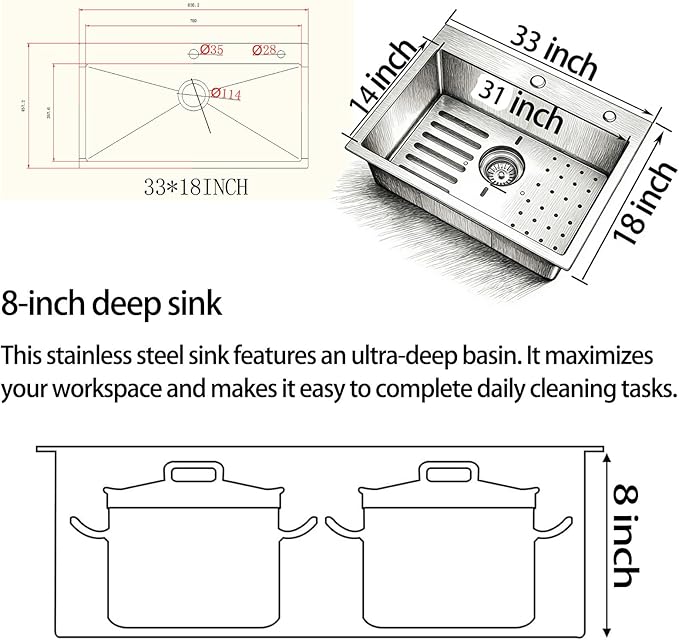 Kitchen Sink, 304 Stainless Steel Sink, Single Bowl, Drop In Kitchen Sink with Complete Accessories, Perfect for Homes, Apartments, and Modern Kitchens in All Settings(Gunmetal, 33 * 18 in)