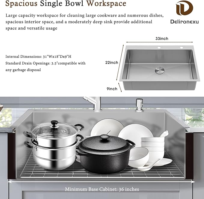 33x22 Drop In Kitchen Sink - Delironexu 16 Gauge Top Mount Stainless Steel Kitchen Sink, 33 Inch Deep Single Bowl kitchen Sinks with 3-Piece Accessories