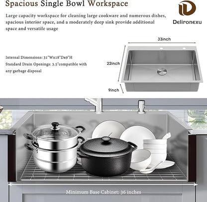 33x22 Drop In Kitchen Sink - Delironexu 16 Gauge Top Mount Stainless Steel Kitchen Sink, 33 Inch Deep Single Bowl kitchen Sinks with 3-Piece Accessories