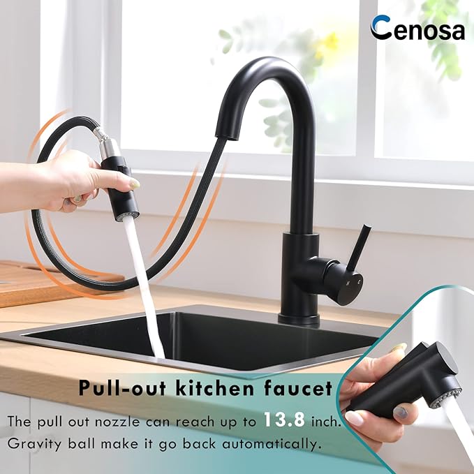Cenosa Modern Bar Sink Faucet for Kitchen Sink Single Handle with Pull Out Sprayer Hot and Cold Prep Sink Faucet Matte Black