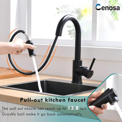 Cenosa Modern Bar Sink Faucet for Kitchen Sink Single Handle with Pull Out Sprayer Hot and Cold Prep Sink Faucet Matte Black