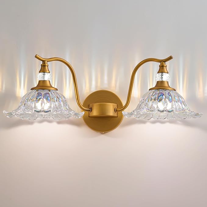 Vintage Bathroom Vanity Light Fixtures - 2 Light Iridescent Flower Glass Antique Brass Bathroom Lights Fixture Over Mirror,Retro Brushed Gold Bronze Wall-Mounted Vanity Lighting for Powder Room