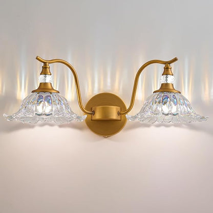 Vintage Bathroom Vanity Light Fixtures - 2 Light Iridescent Flower Glass Antique Brass Bathroom Lights Fixture Over Mirror,Retro Brushed Gold Bronze Wall-Mounted Vanity Lighting for Powder Room