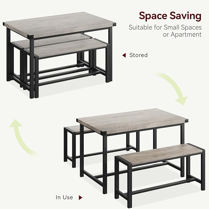 CABIHOME Dining Table and 2 Benches with Corner Protector, Dining Table Set for 4 with 2 Benches, Kitchen Table Set for 4-6 with H-Shaped Frame for Small Space, Kitchen, Apartment, Rustic Gray