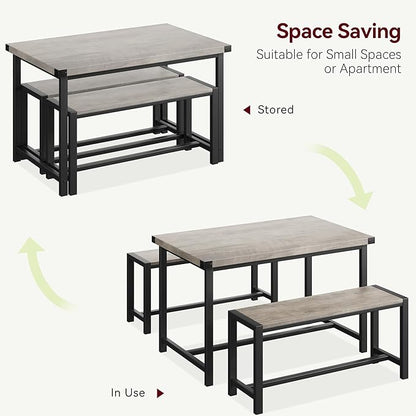 CABIHOME Dining Table and 2 Benches with Corner Protector, Dining Table Set for 4 with 2 Benches, Kitchen Table Set for 4-6 with H-Shaped Frame for Small Space, Kitchen, Apartment, Rustic Gray