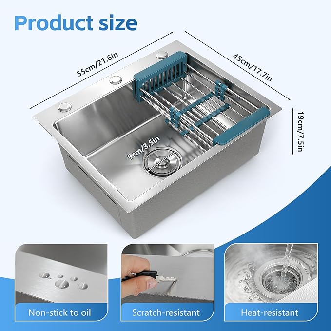 Silver Kitchen Sink, Stainless Steel Single Bowl Sink, Drop In/Topmount Workstation Sink with Retractable Drain Basket, for Bar, Kitchen, Balcony, RV (21.6 * 17.7in)