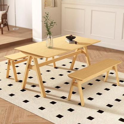 DUOMAY Wooden Dining Table with Bench Set, 59" Wide Rectangle Kitchen Table with 2 Long Benches for 4-6 for Home Small Space, Original Wood Color