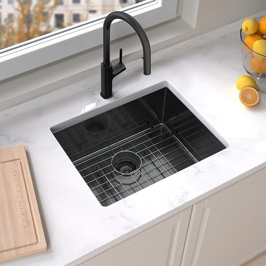 Kitchen Sink 23x18 Inch Undermount Kitchen Sink Gunmetal Black 16 Gauge Stainless Steel Single Bowl with Accessories Round Corners Handmade