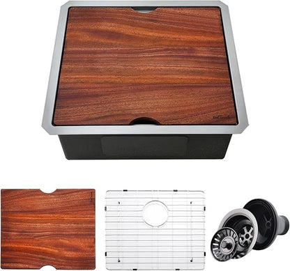 Undermount Kitchen Sink, 21 x 19 Inch Sink Kitchen 16 Gauge Stainless Steel Kitchen Sinks Single Bowl Workstation Sink with Cutting Board