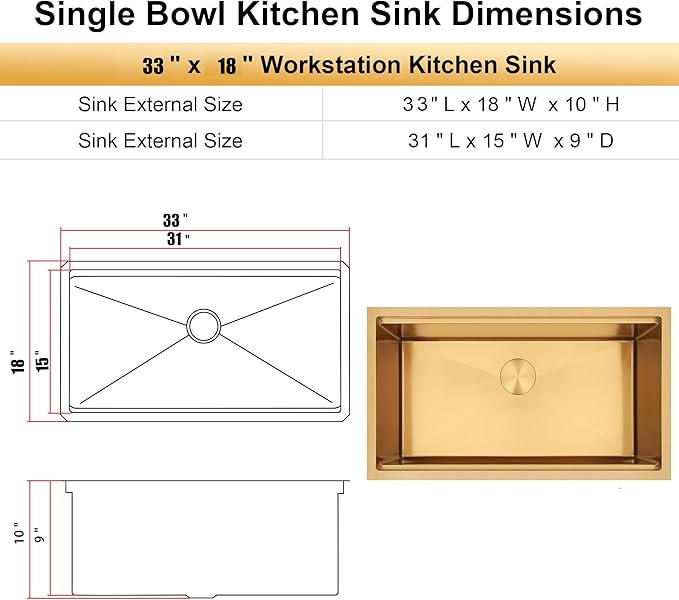 Gold Undermount Kitchen Sink 33 Inch,16 Gauge SUS304 Stainless Steel All In One Workstation Sinks With Full Set Accessories, 33" x 18" x 10" Large and Deep Handmade Single Bowl Kitchen Sinks