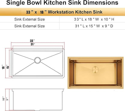 Gold Undermount Kitchen Sink 33 Inch,16 Gauge SUS304 Stainless Steel All In One Workstation Sinks With Full Set Accessories, 33" x 18" x 10" Large and Deep Handmade Single Bowl Kitchen Sinks