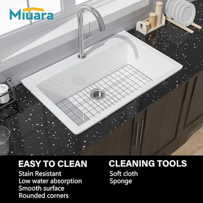 Miuara White Kitchen Sink Drop In 33 Inch 1 Hole - Topmount Fireclay Sink Drop In 33x22, Heavy Duty Large Deep Single Bowl, with 2 Custom Accessories, Glossy White, for Kitchen