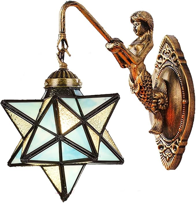 Moravian Star Wall Light with Tiffany Stained Glass Cover, Vintage Rustic Industrial Wall Sconce Retro Wall Mount Lamps Fixture 1-Light,Sky Blue