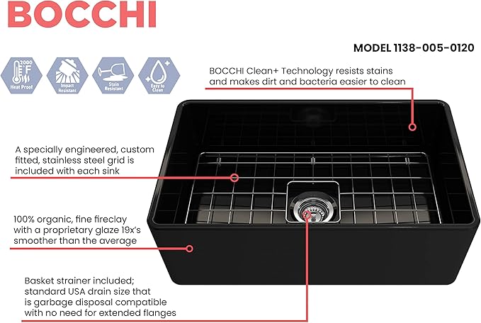 BOCCHI Classico Farmhouse Apron Front Fireclay 30 in. Single Bowl Kitchen Sink with Protective Bottom Grid and Strainer in Black