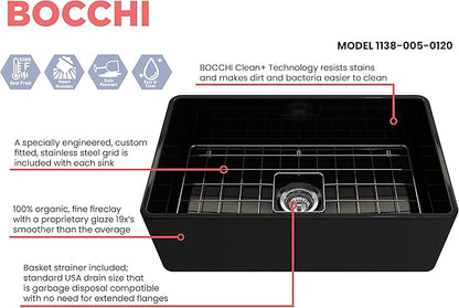 BOCCHI Classico Farmhouse Apron Front Fireclay 30 in. Single Bowl Kitchen Sink with Protective Bottom Grid and Strainer in Black