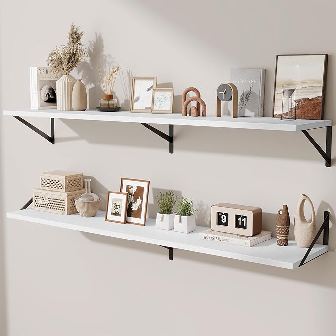 Acovy Deep Floating Shelves,55" Wx10 D Wood Wall Shelves Set of 2,Long Wood Floating Shelf with Metal Brackets,Floating Bookshelf for Living Room,Kitchen,Office,Bedroom,Decor Storage,White