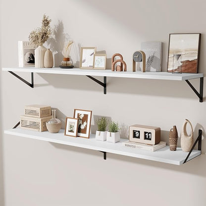 Acovy Deep Floating Shelves,55" Wx10 D Wood Wall Shelves Set of 2,Long Wood Floating Shelf with Metal Brackets,Floating Bookshelf for Living Room,Kitchen,Office,Bedroom,Decor Storage,White